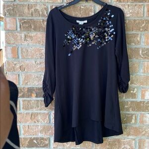 Style and Co PM black embellished scoop neck top w featured flared back ruching